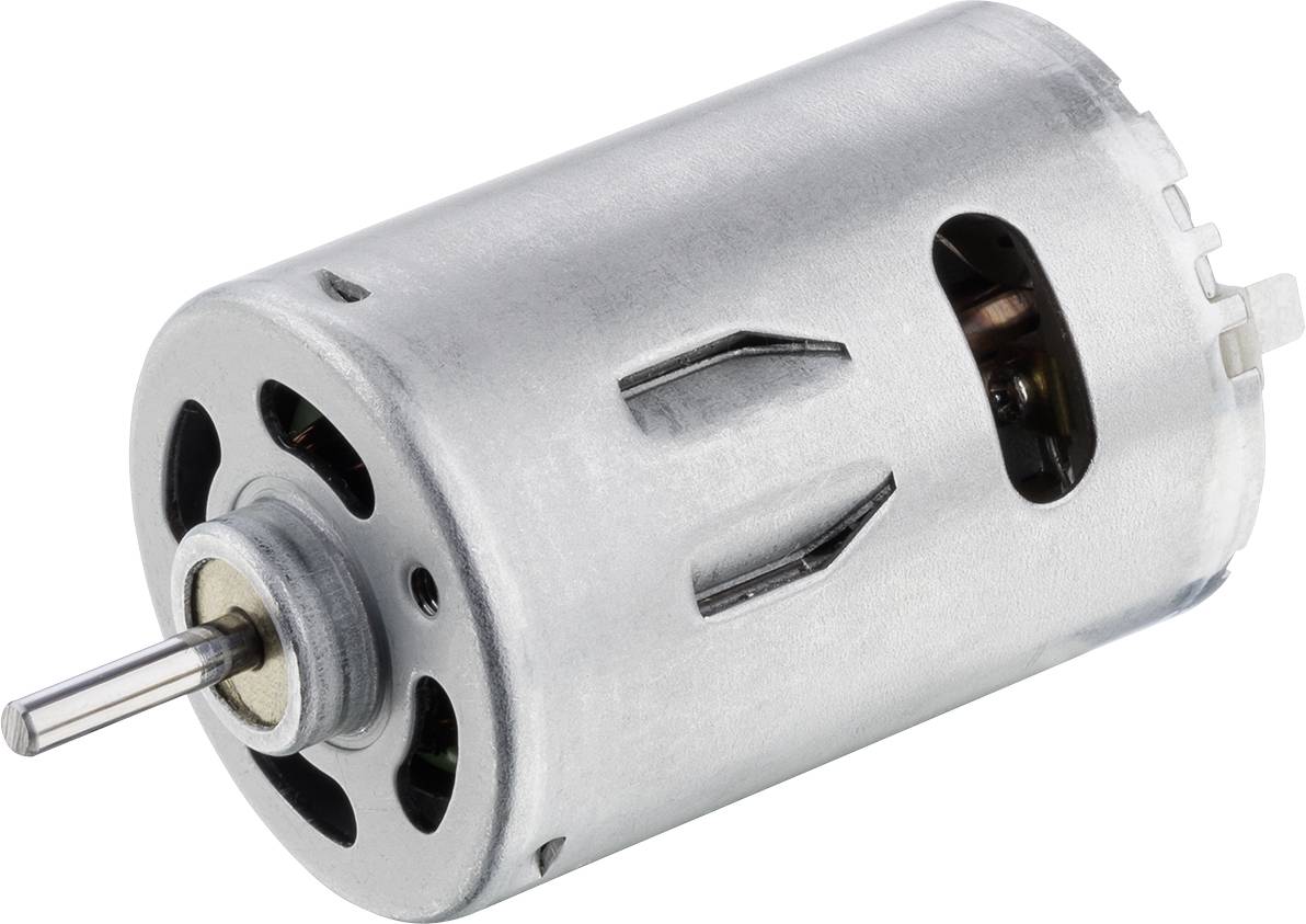 A silver electric motor of cylindrical shape with visible shaft and ventilation openings. Suitable for models or small devices.