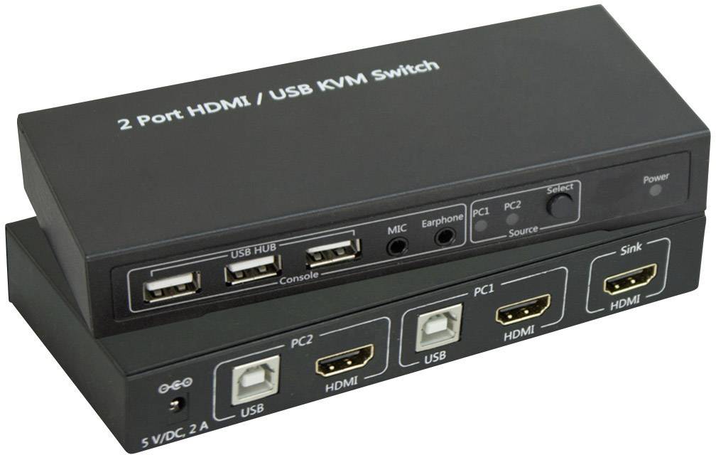 A '2-Port HDMI / USB KVM Switch' with USB and HDMI ports. The front panel has two USB ports, and the rear panel features two HDMI and USB-B ports.