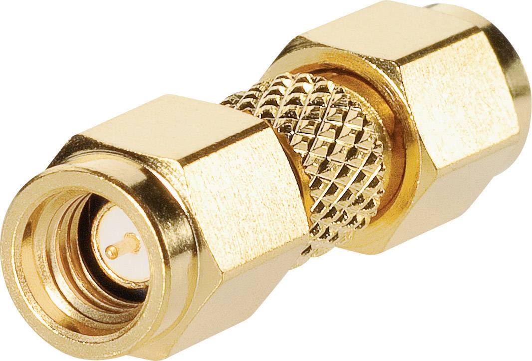 Golden coaxial adapter with hexagonal nuts at both ends, suitable for connecting coaxial cables in electronic applications.