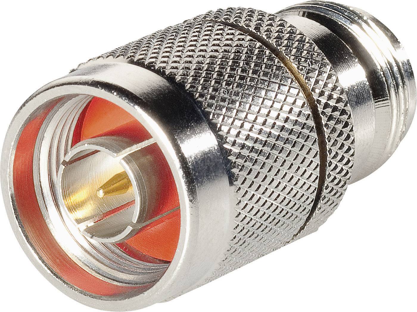 A metallic RF connector with a knurled surface and red inner ring for connecting coaxial cables in communication devices.