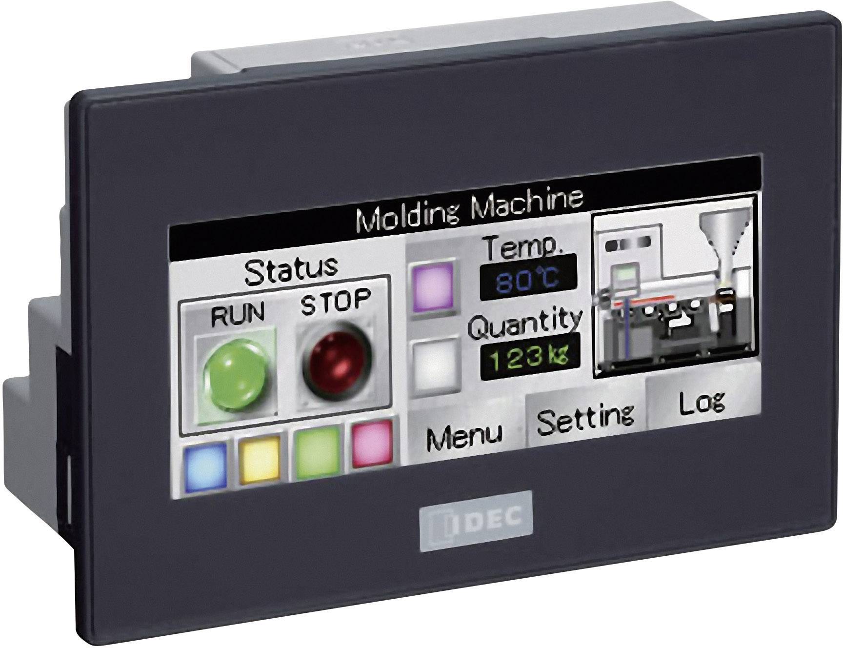 Compact control interface of a moulding machine with status display, temperature (80°C) and quantity (123 kg). Buttons for 'RUN', 'STOP', menu, settings and log are visible.