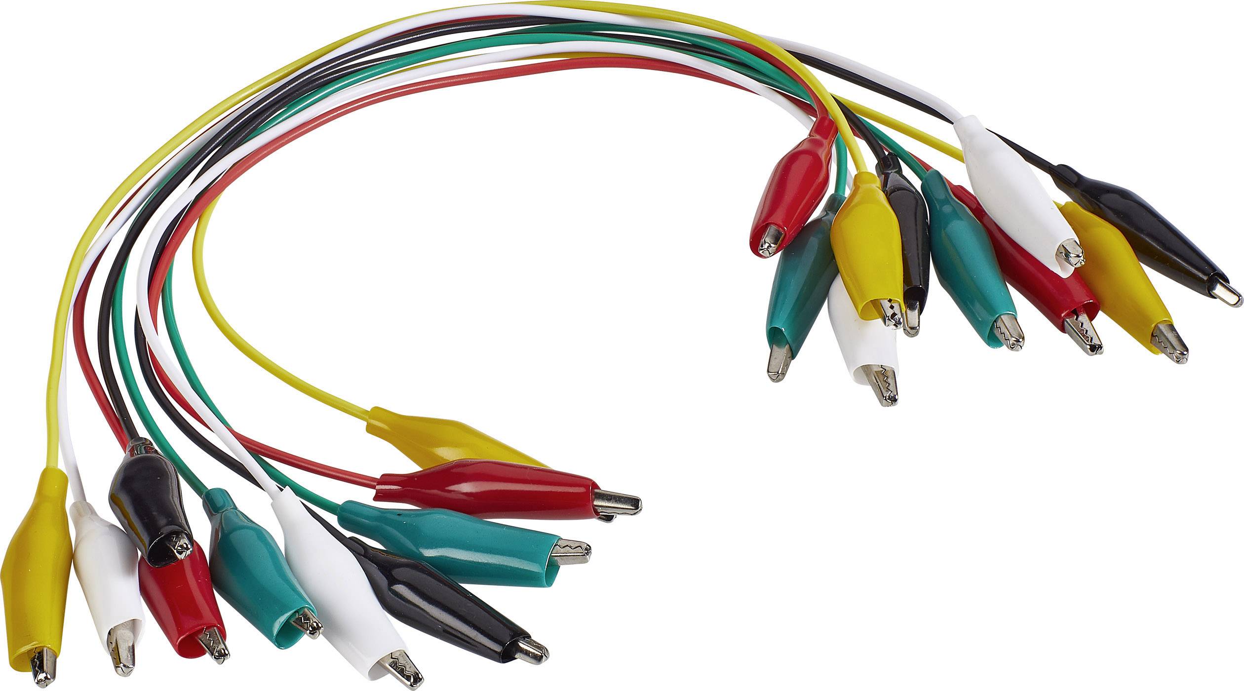 Several crocodile clips in different colours are attached to coloured cables. They are used for electrical connections.