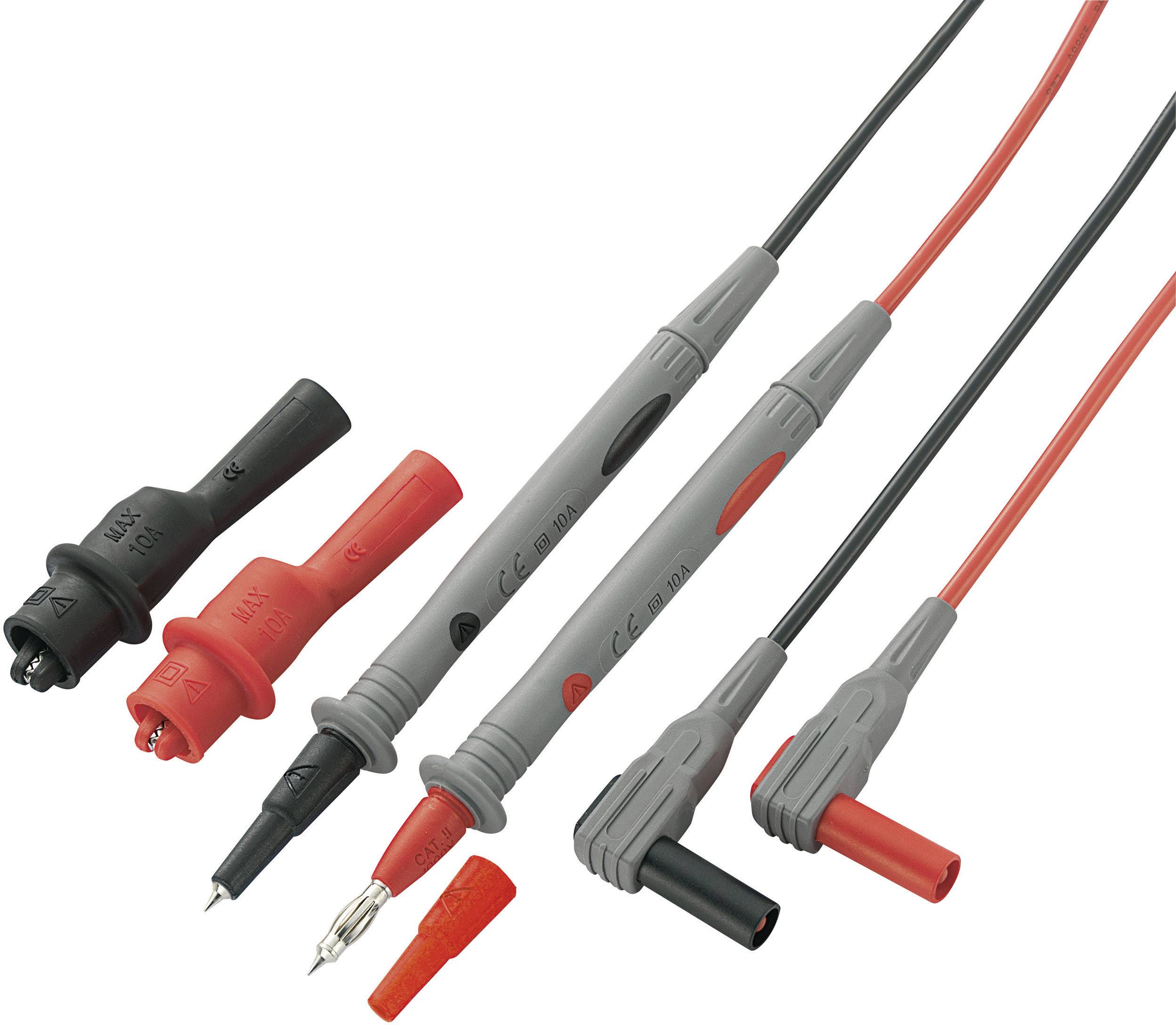 Electronic test leads with red and black test probes and clips for measuring electrical values.