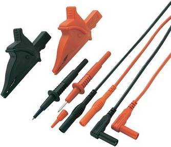 Two test probes with cables and two crocodile clips in black and red; used for electrical measurements and tests.