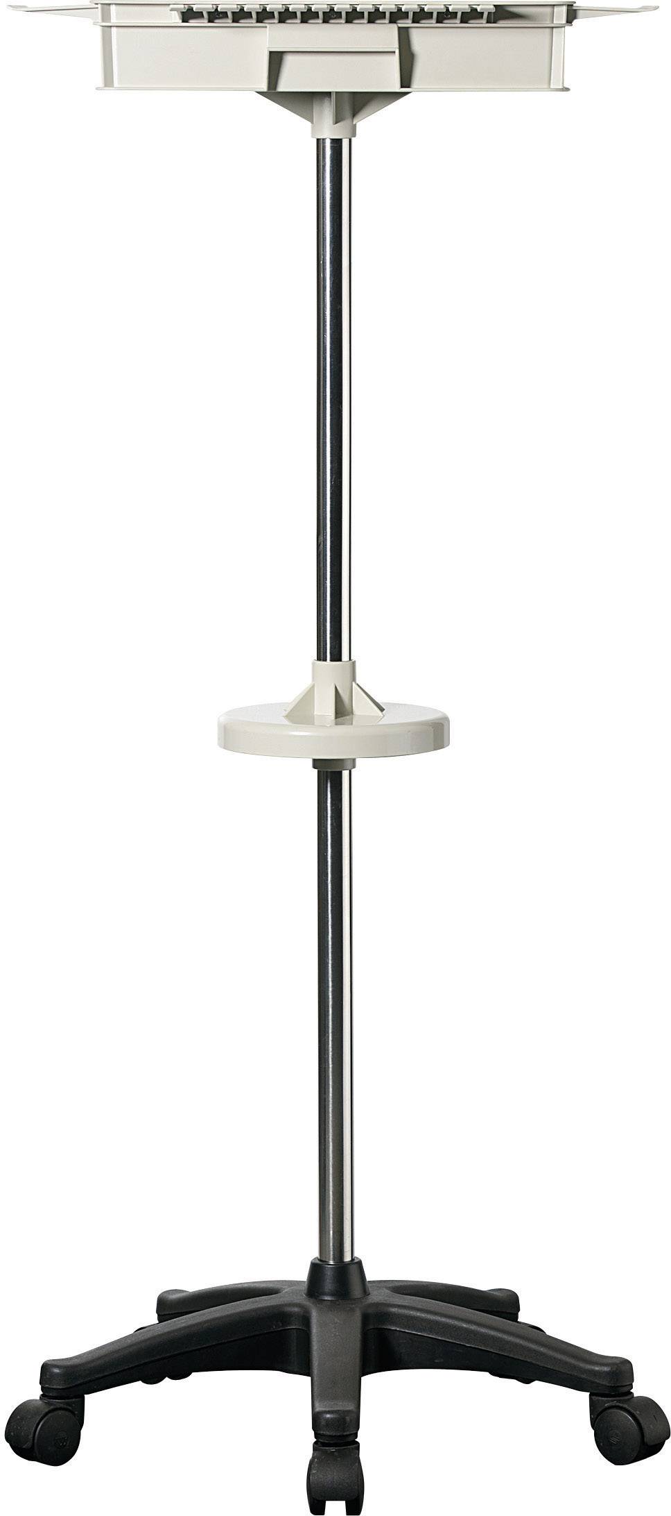 A mobile intravenous drip stand with castors and height-adjustable pole, suitable for use in medical environments.