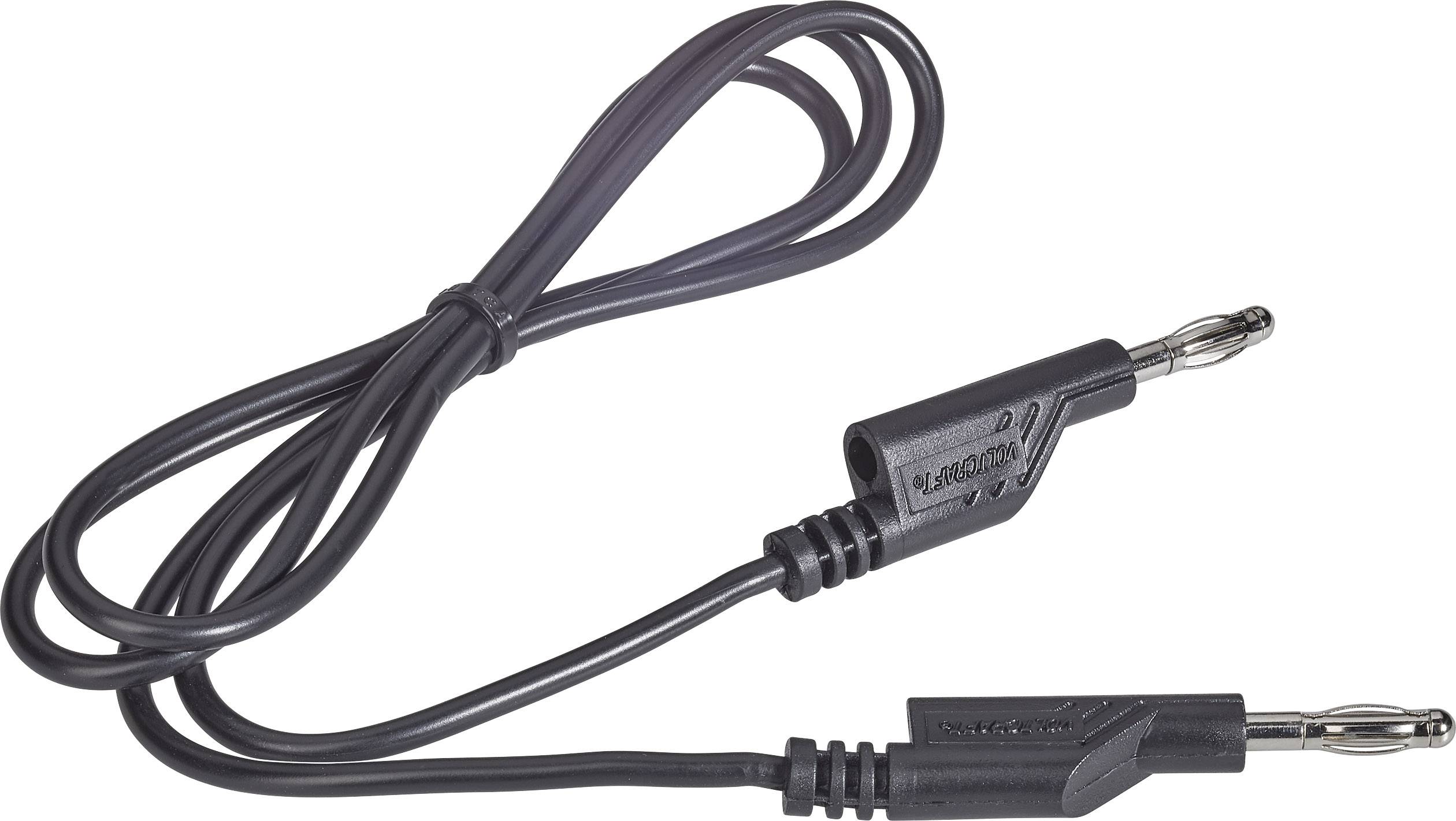 A black speaker cable with two banana plugs at the ends, used for connecting audio equipment.