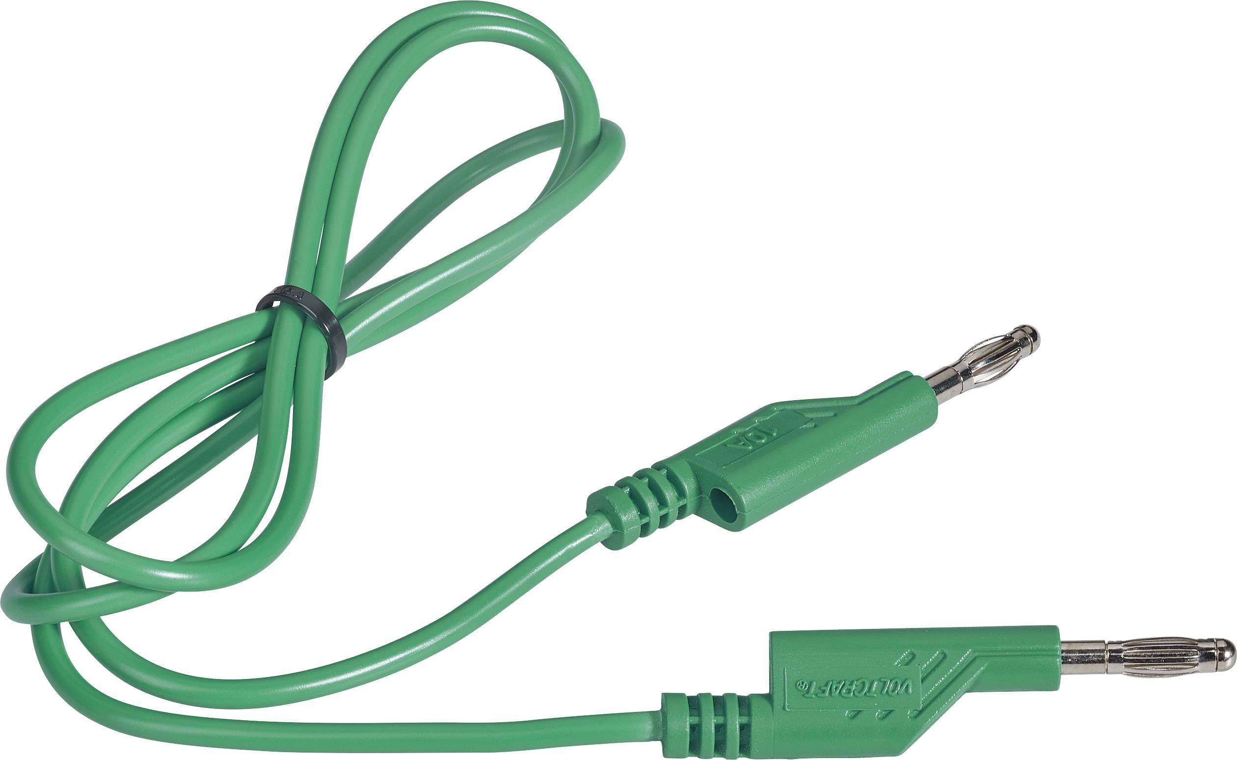 A green cable with two banana plugs, commonly used in electrical engineering applications.