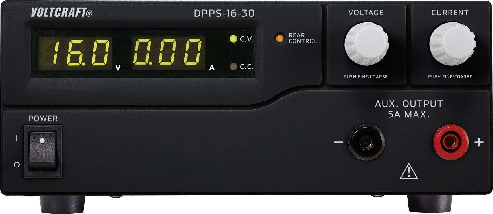 A laboratory power supply shows 16.0 V at 0.00 A. The voltage knob is selected; maximum output current: 5A. Device is switched on.