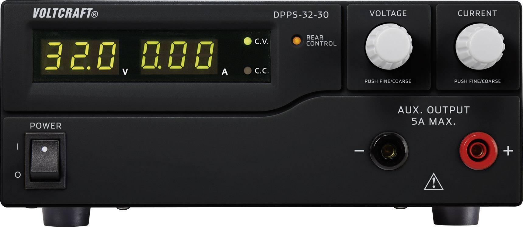 Power supply unit with digital display showing 32.0 volts and 0.00 amperes. Includes voltage setting and current control regulator.