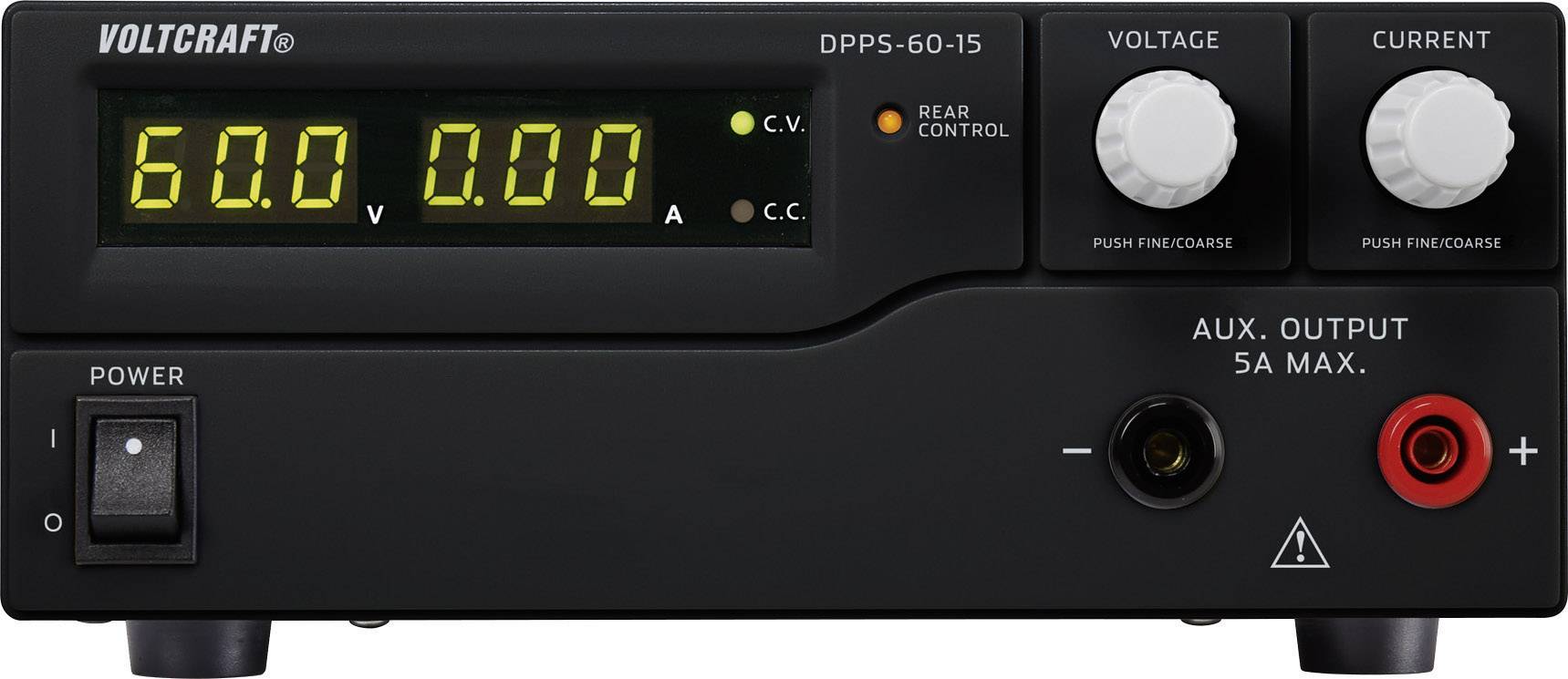 Black digital power supply unit 'Voltcraft DPPS-60-15' with displays for voltage and current, buttons and a main switch on the left.