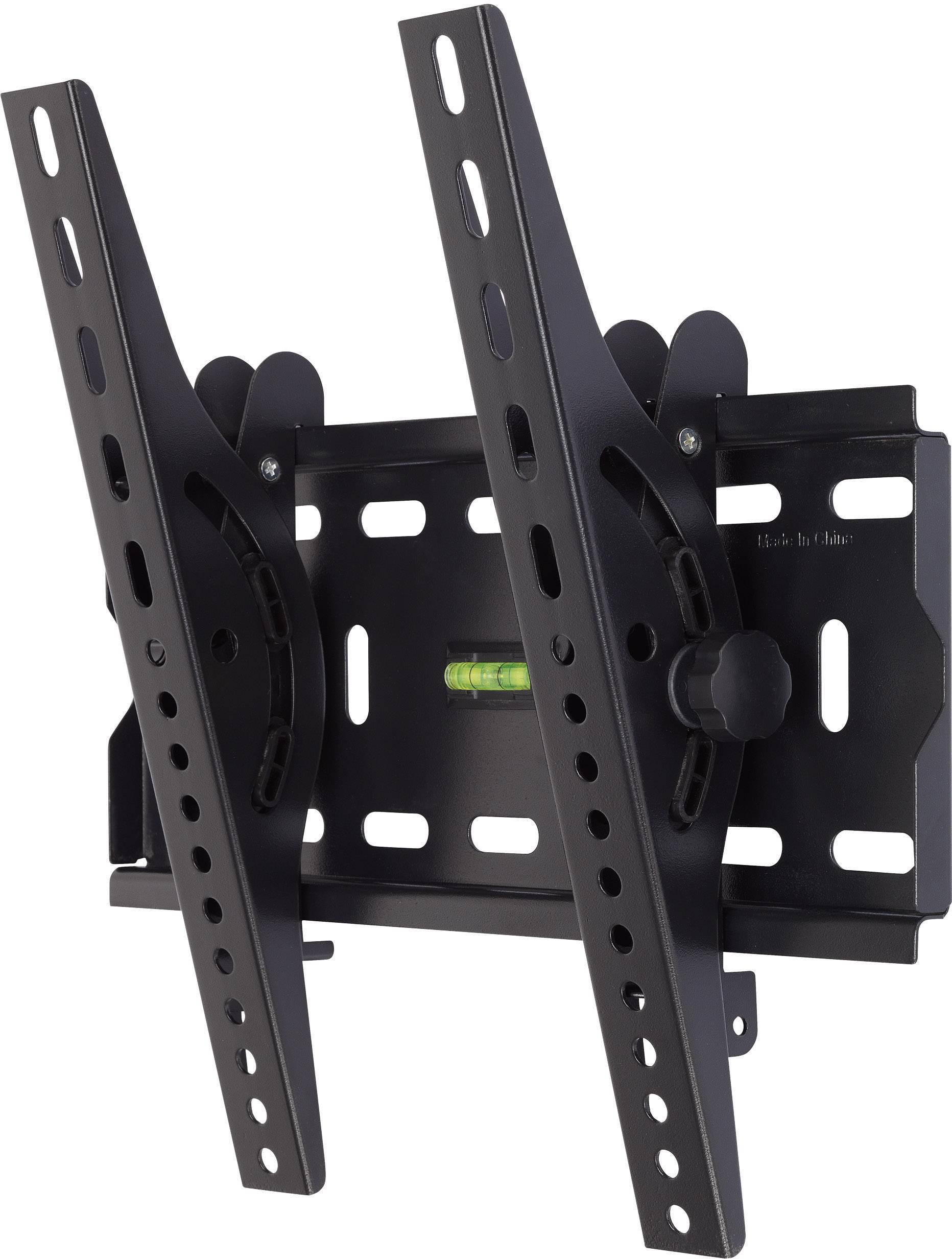 Black, tilting TV wall mount with integrated spirit level, suitable for medium-sized screens. Robust metal frame.