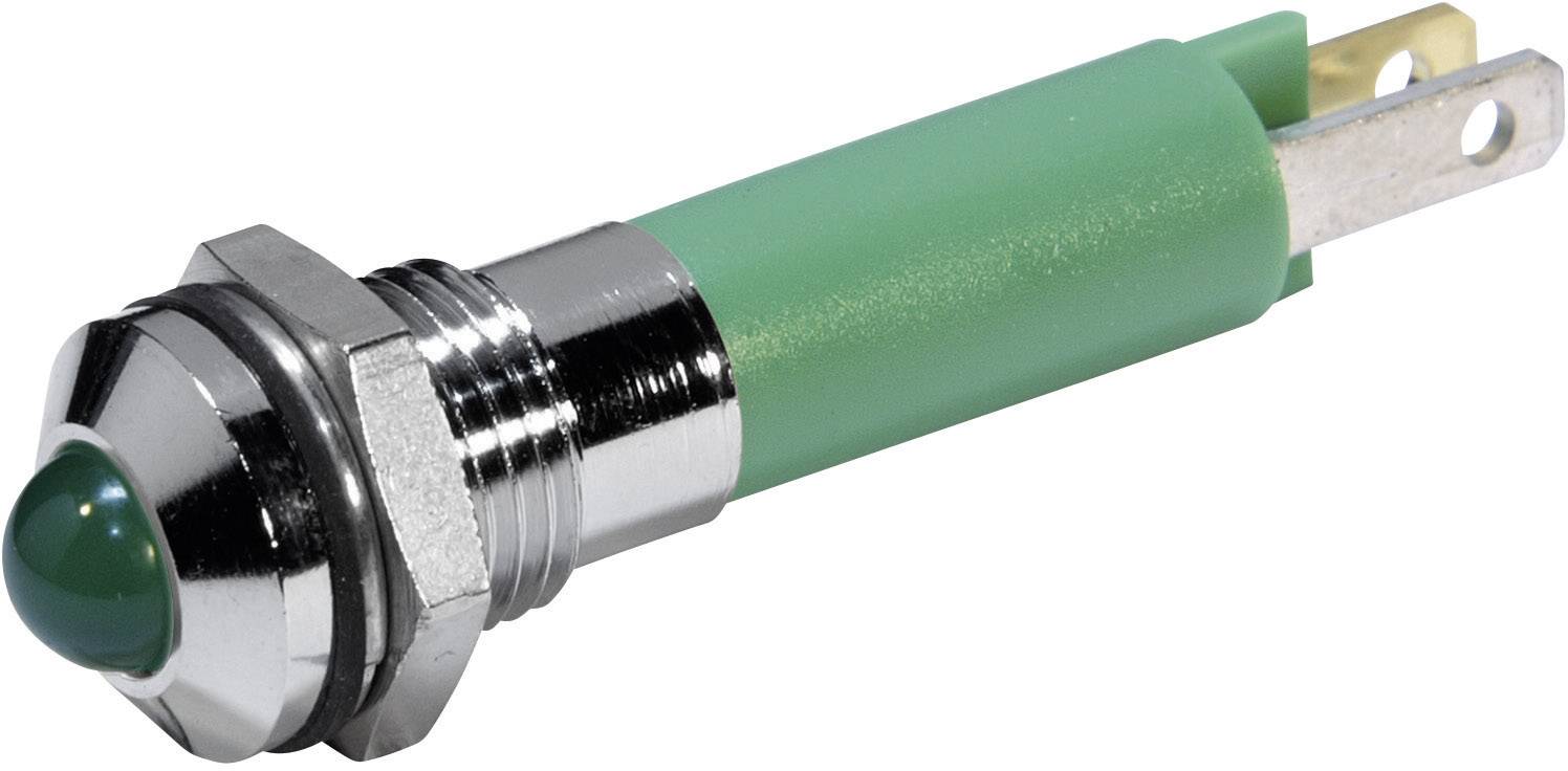 Green push-button switch with metal thread and two connection pins, suitable for electrical circuits.