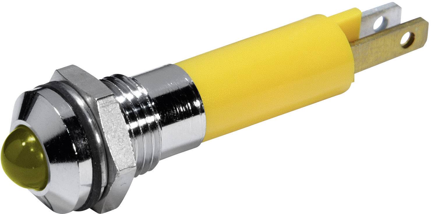 A yellow push-button switch with a metallic casing, suitable for electronic applications, shows contact pins for mounting.