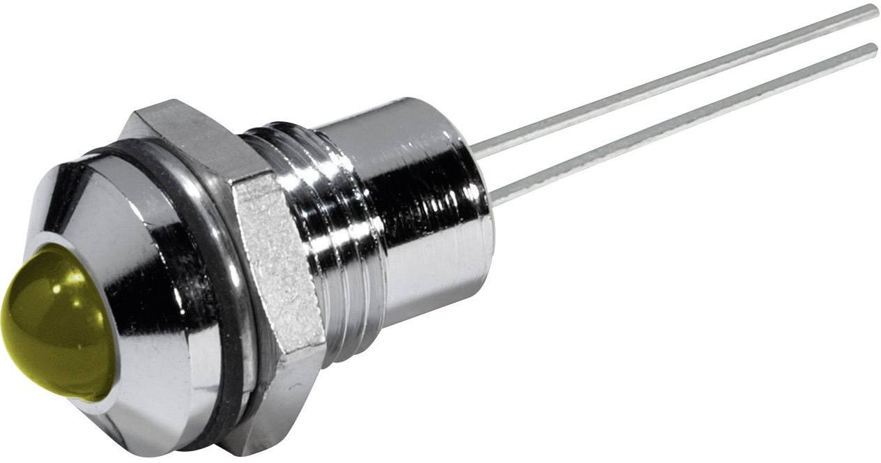 Small chrome metal switch with round yellow LED indicator. Two metal pins protrude from the back, suitable for electronic circuits.