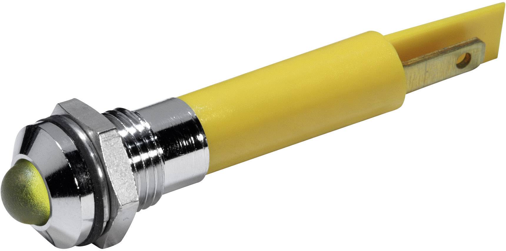 Yellow push button with metal frame and mounting screw, suitable for electrical circuits or device controls.