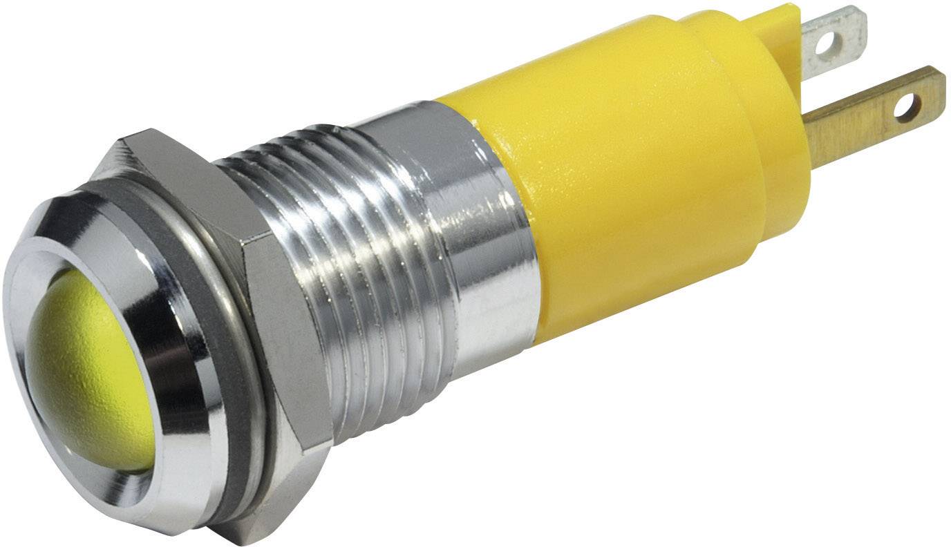 A yellow push button switch with a metal surround and two connection terminals.