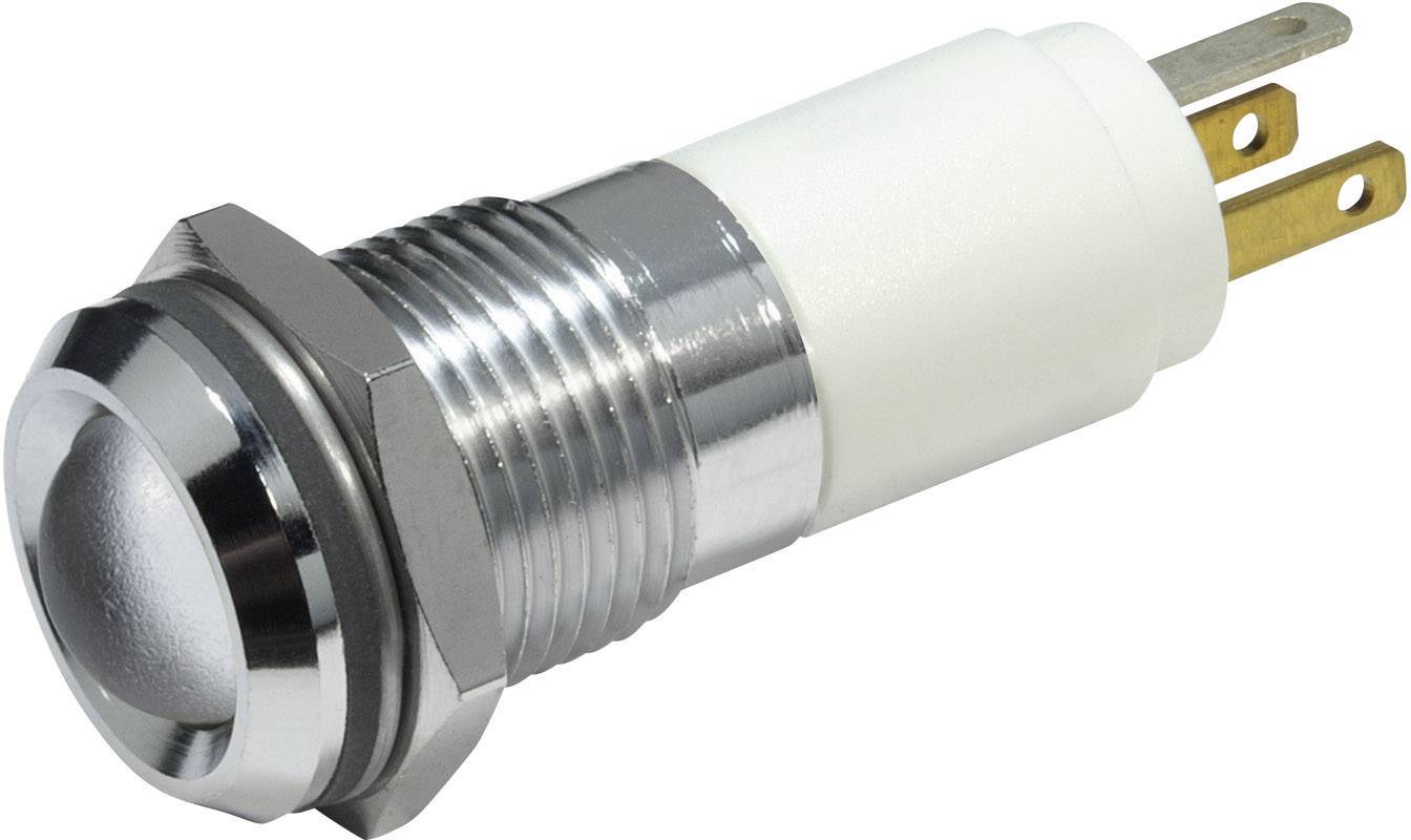 A silver, cylindrical push button with a metallic casing and two golden connection pins. Suitable for electrical circuits.