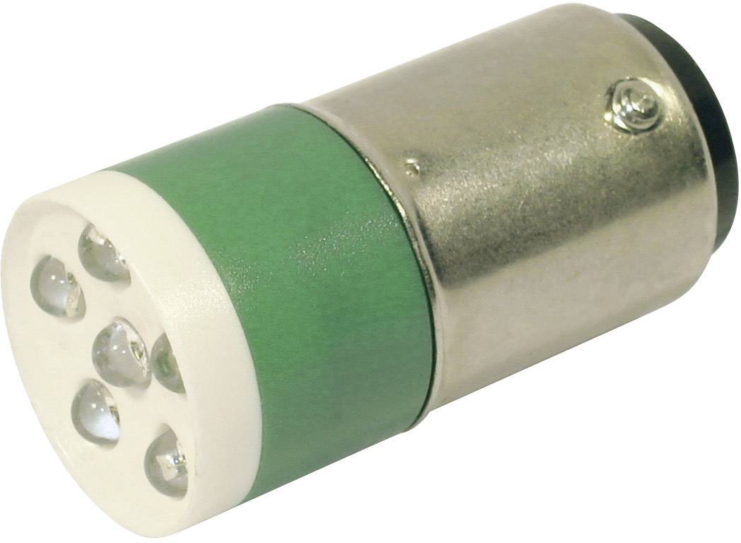 Close-up of a multi-coloured LED light with a green and white casing.