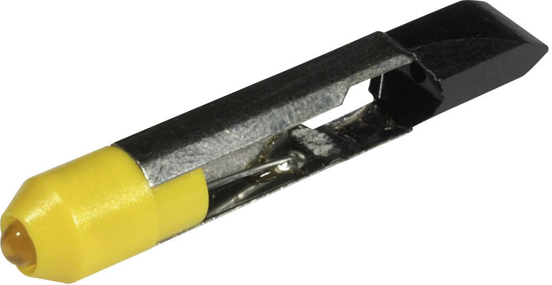 A yellow glass flask with a metal clip and black plastic casing. Could be a fuse or a sensor.