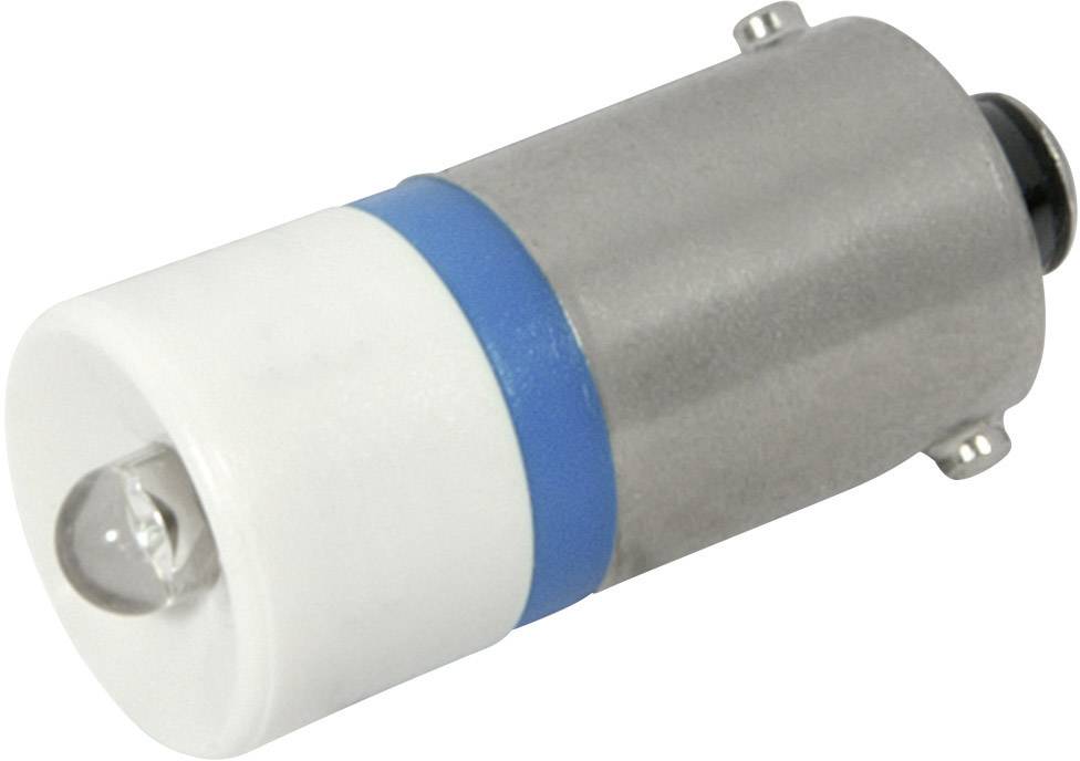 Small, cylindrical LED lamp with white and blue rings, metal body and light bulb base, shown lying down.