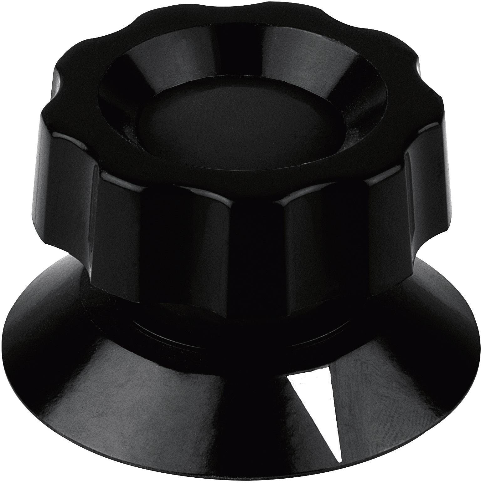 Black ribbed knob with a flat top and wide base, commonly used as a control knob for devices or machines.