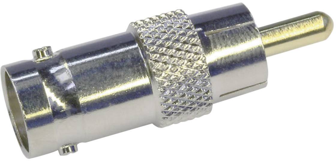 Metallic coaxial adapter with a knurled grip, showing a BNC plug on the left side and an RCA plug on the right side.