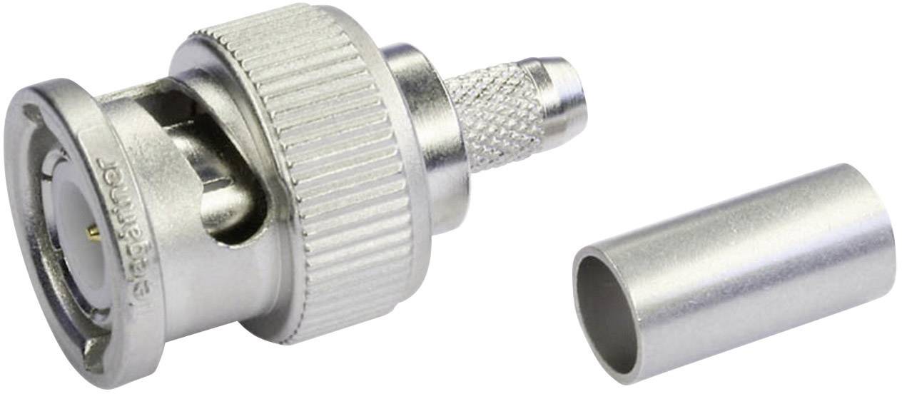 A metal BNC plug with a knurled nut, alongside a cylindrical communication plug without cable.