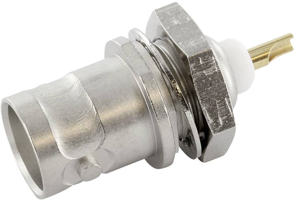 A connector with a metallic housing and insulator, suitable for electrical connections in technical applications.
