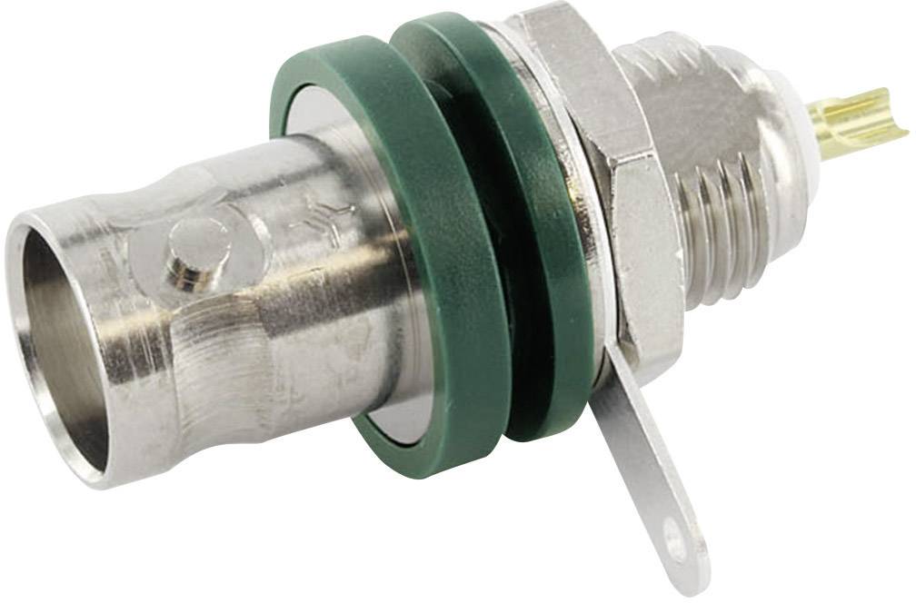 A metallic coaxial plug with a green sealing ring and a mounting tab, for use in electrical connections.