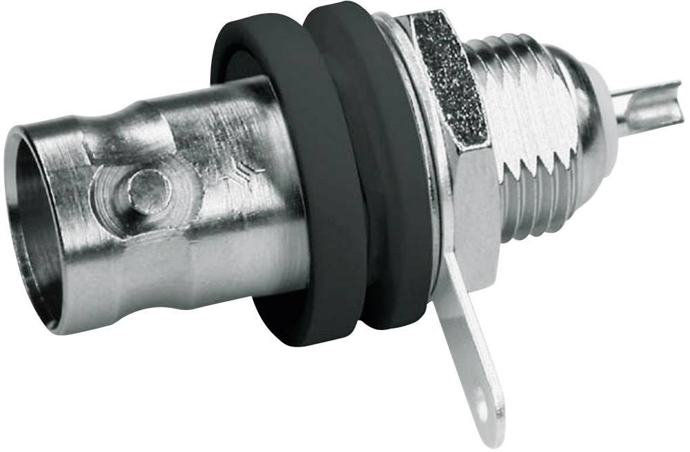 A metallic connector with a black seal, suitable for electrical or electronic applications.