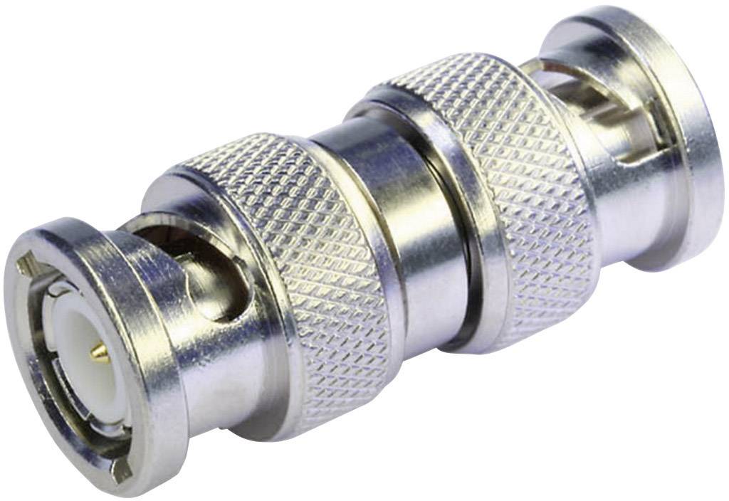 A metal adapter with two BNC connectors, used for connecting cables in electronic devices and networks.