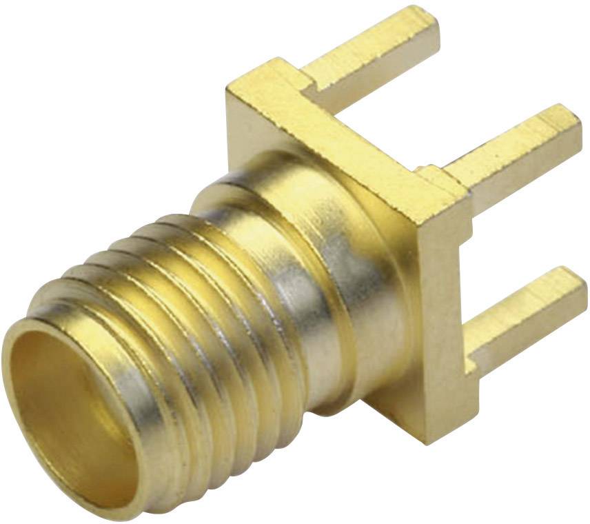 A gold-plated coaxial connector with three pins and threading, used in electronics or cable connections.