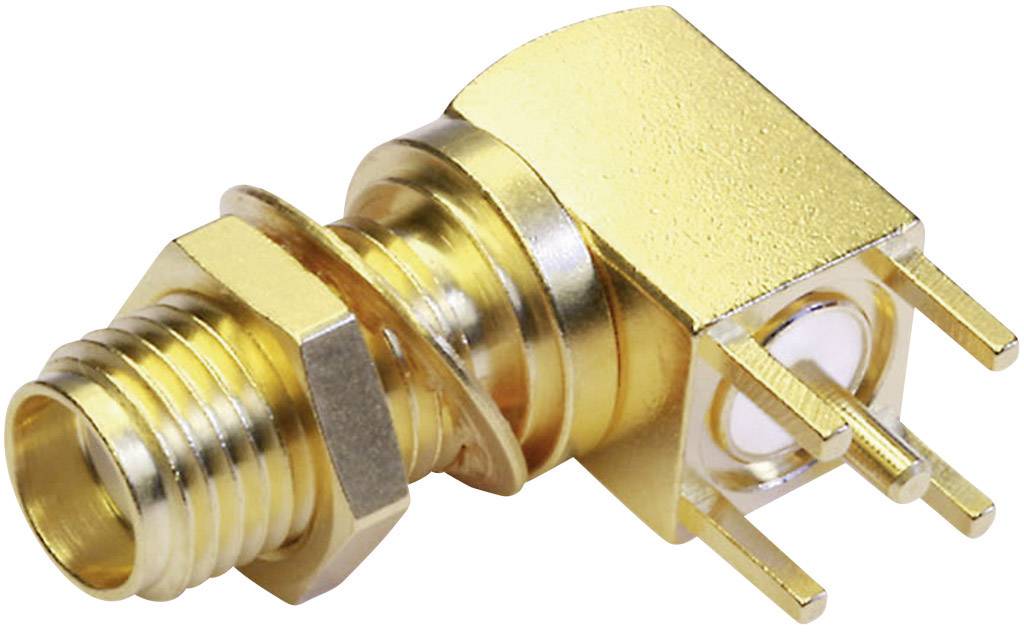 Golden right-angled coaxial connector with three connection pins, suitable for connecting cables in electronic devices.