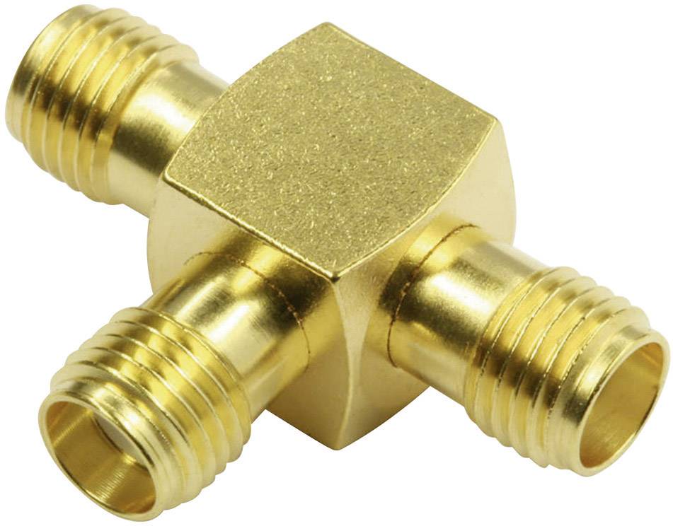 A golden, four-way metal adapter with threads in a cross formation. Suitable for connecting four hoses or pipes.