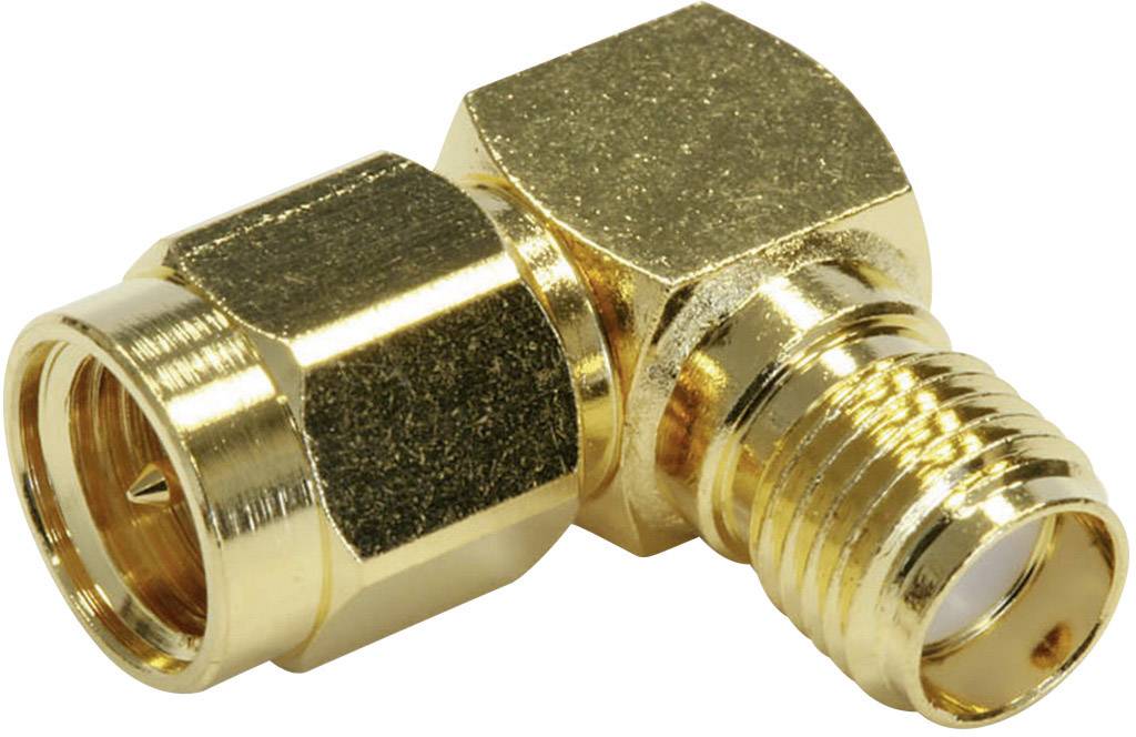 A golden right-angled coaxial cable adapter with female and male connection points. Used to modify cable connections.