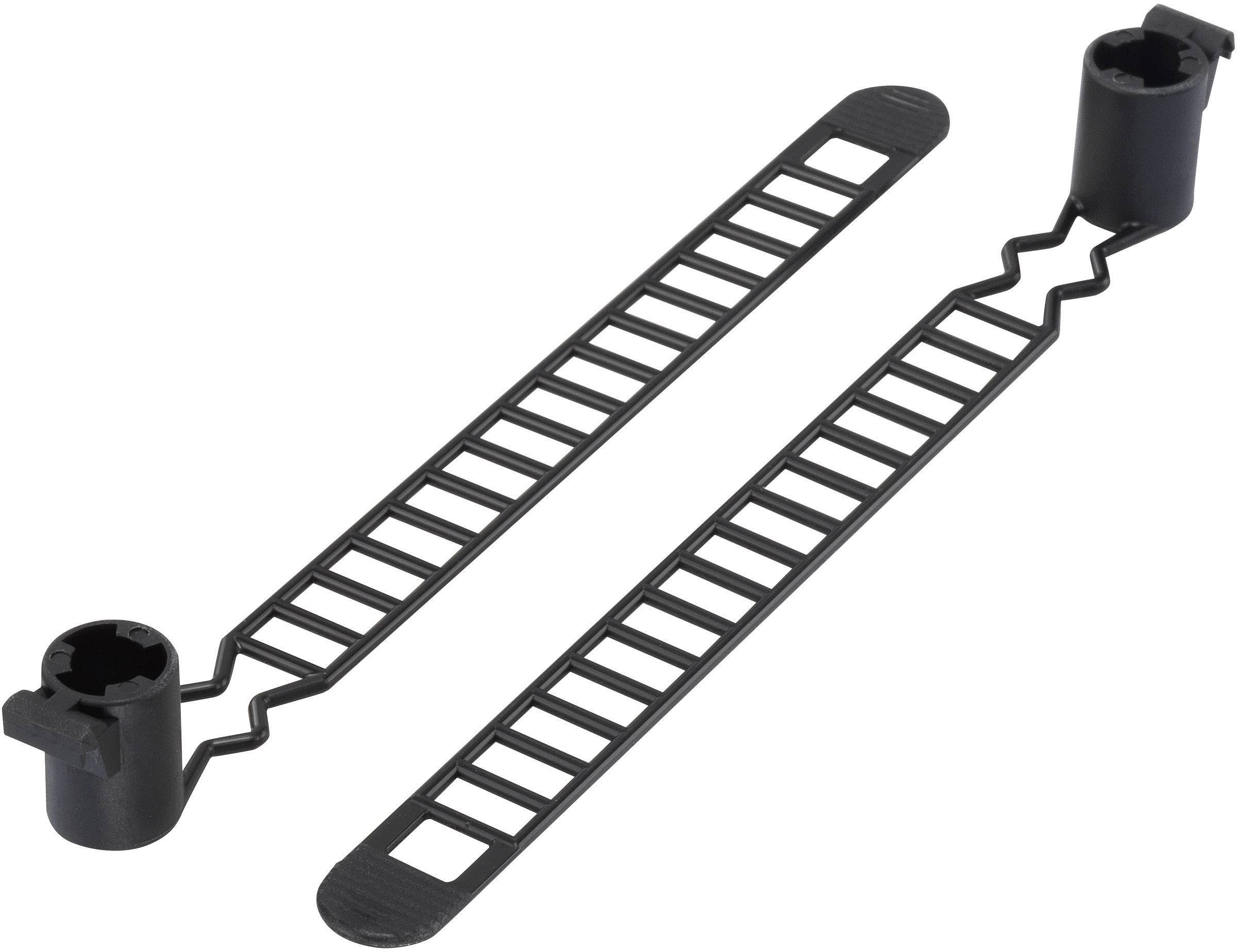 Two black plastic straps with diamond-shaped sections and rounded ends, possibly for fastening or as a mounting bracket.