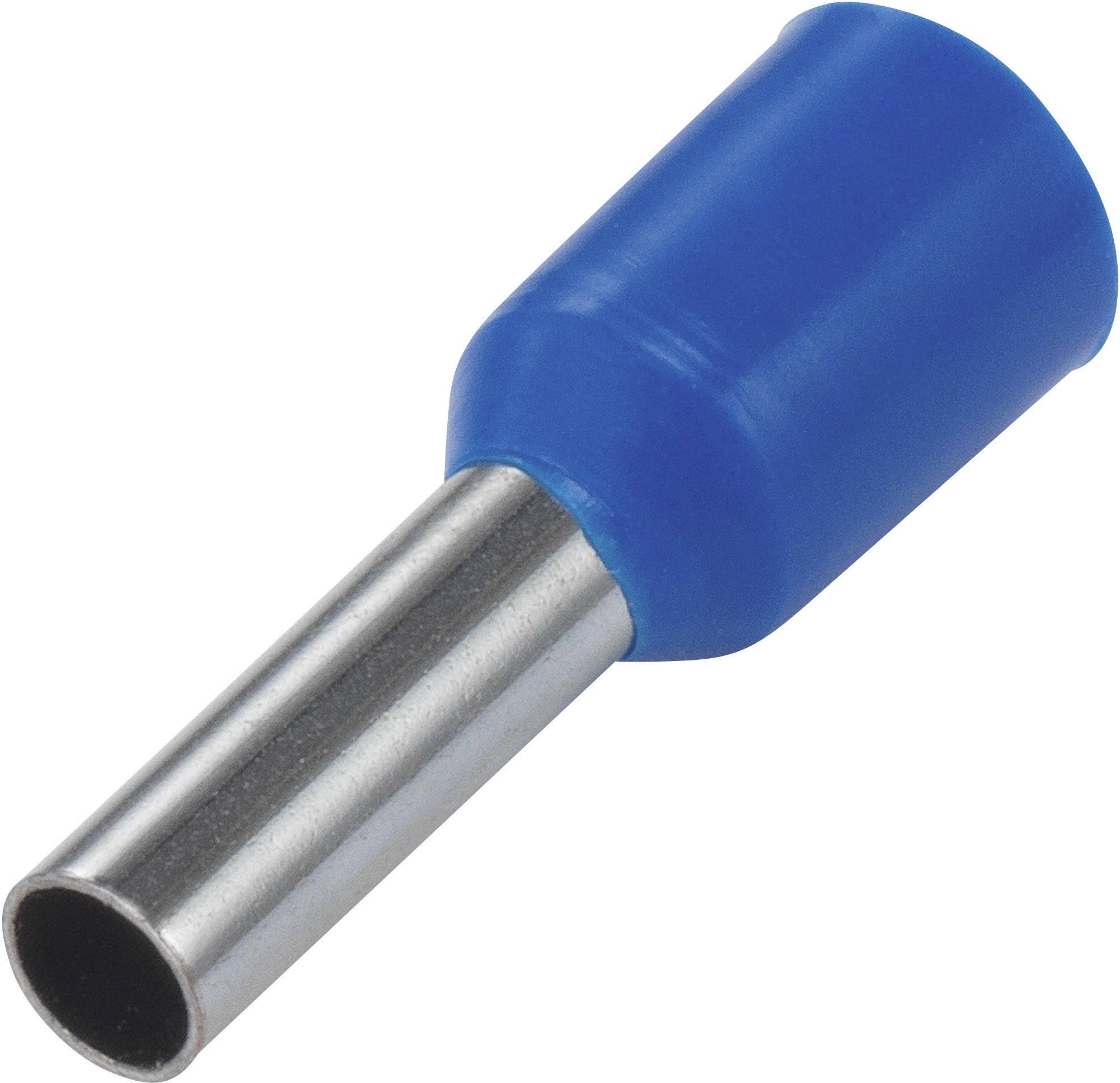 A blue metal cable end sleeve with plastic insulation.