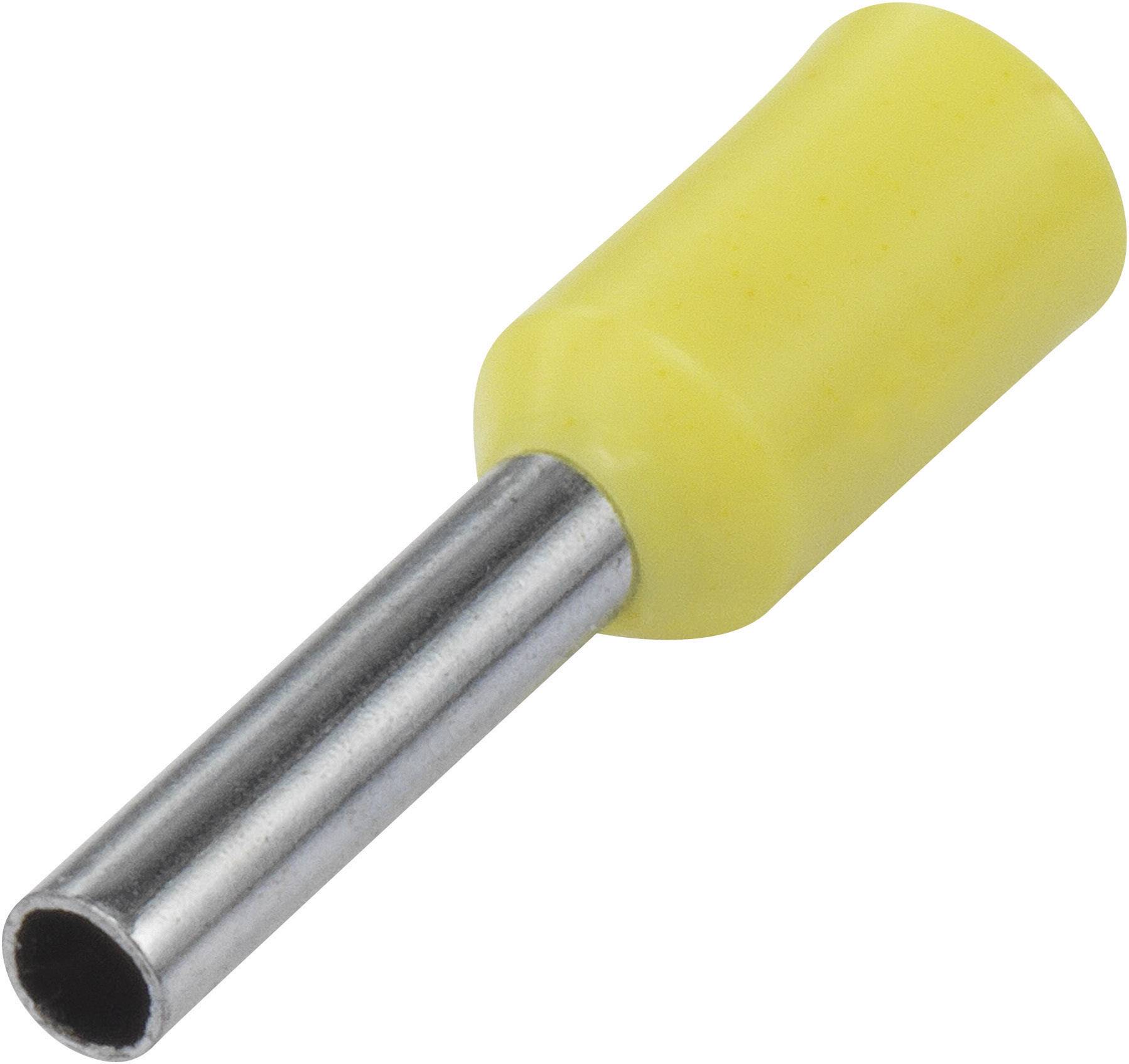 Yellow cable end ferrule with metallic crimp sleeve, for secure connection and insulation of cable ends in electrical installations.