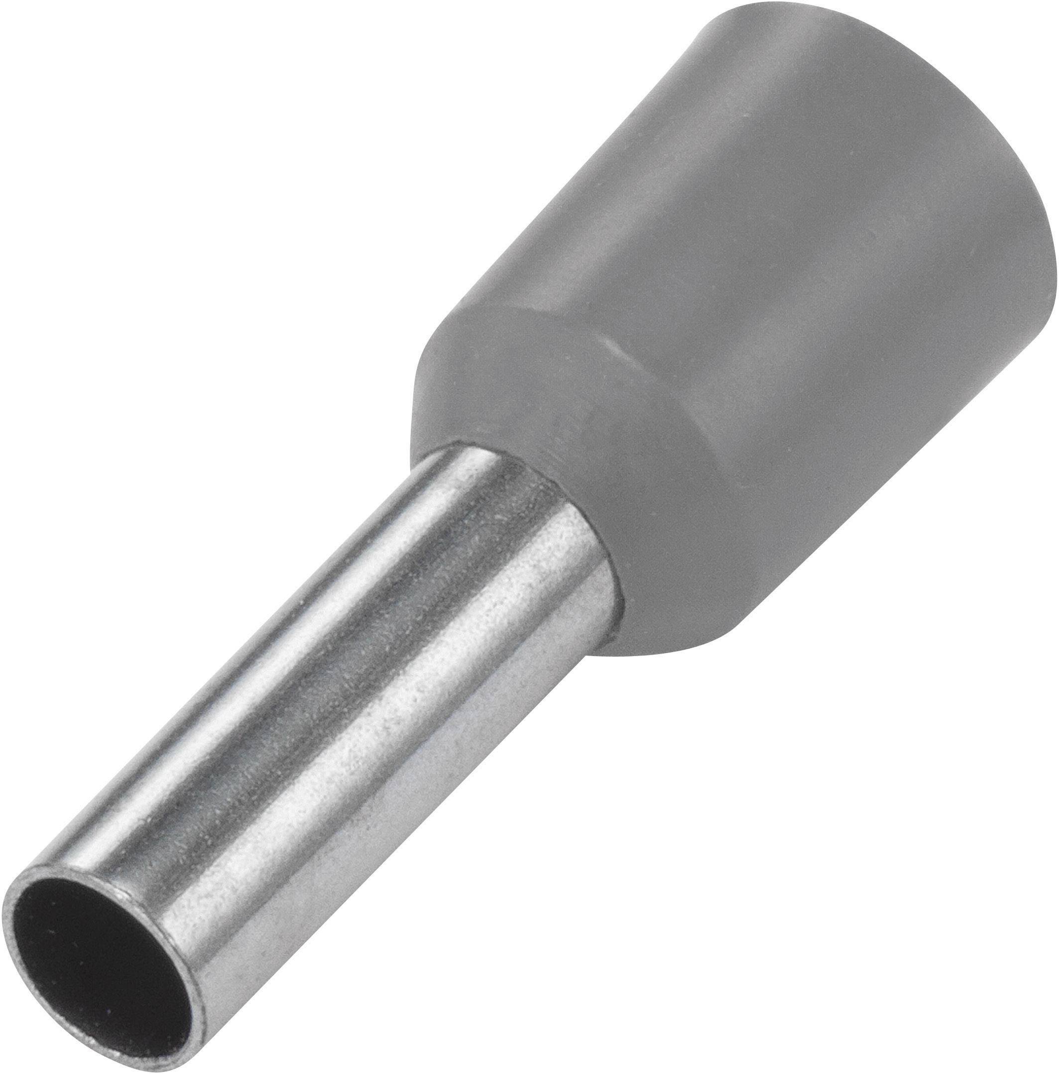 An isolated cable lug with a grey plastic insulator and metal sleeve. Used for connecting and insulating electrical cables.