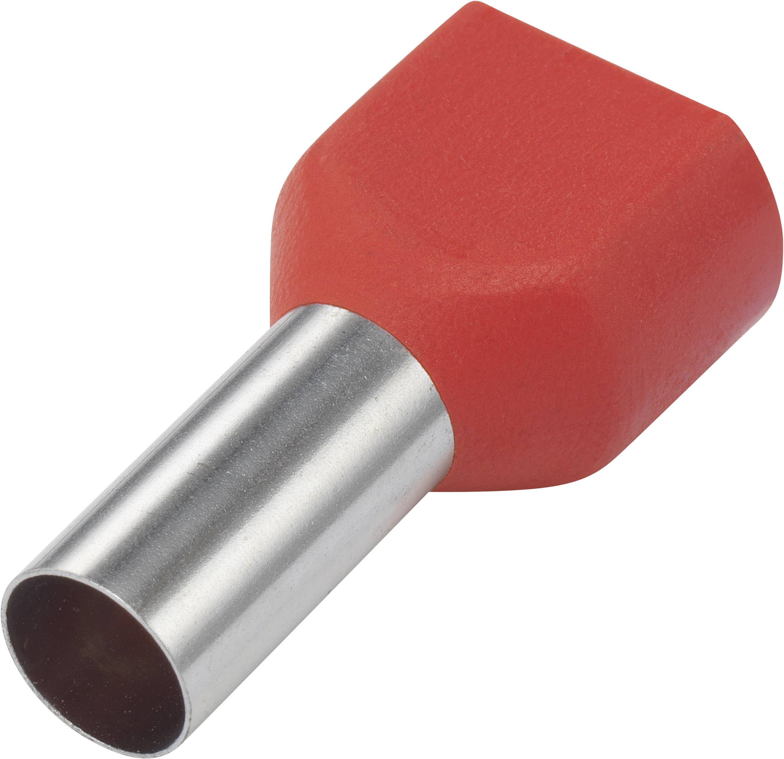 Red cable end sleeve with metal tube, used for connecting cables in electrical installations.
