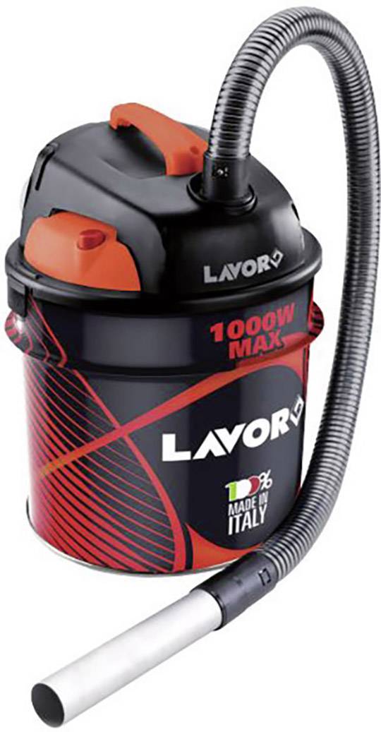 A black and red ash vacuum cleaner with 1000W power and a long hose. Marked with 'Made in Italy'.