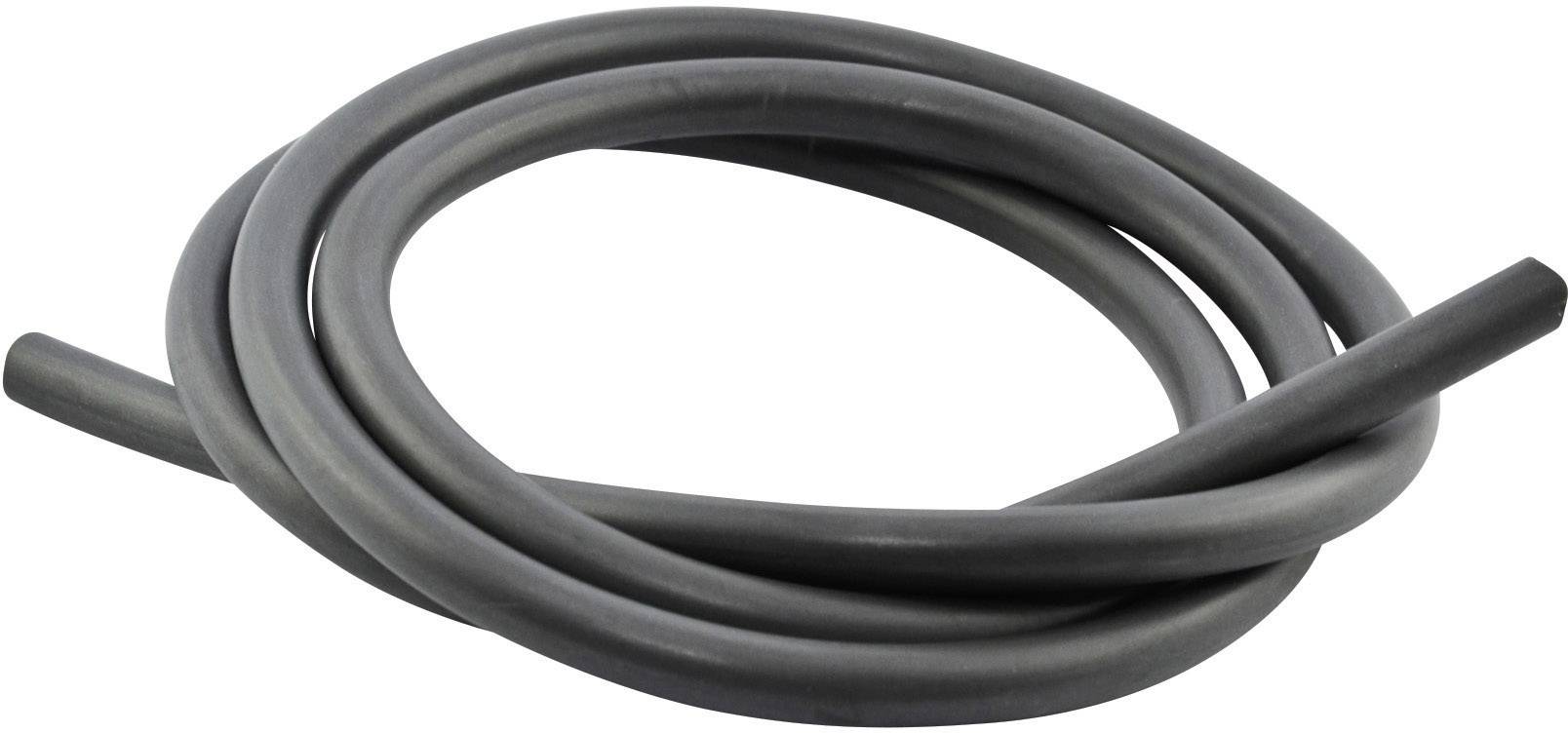 A coiled black rubber hose on a white background.