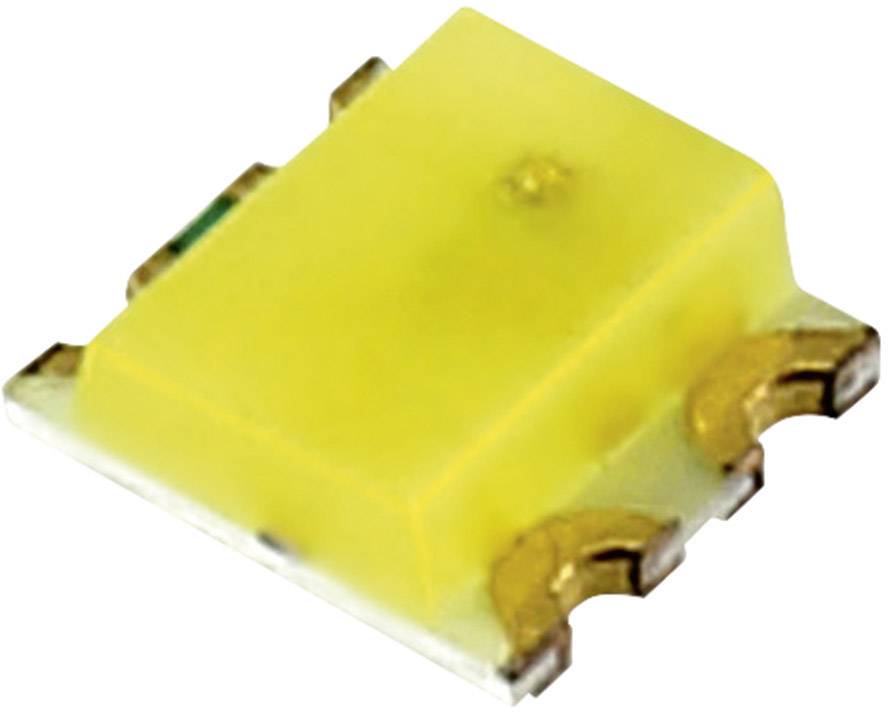 Yellow LED in a rectangular form with electrical contacts on the sides.