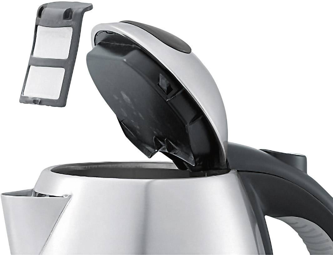 An open electric kettle with a removable water filter suspended in the air beside it. The kettle is made of metal and reveals its interior.