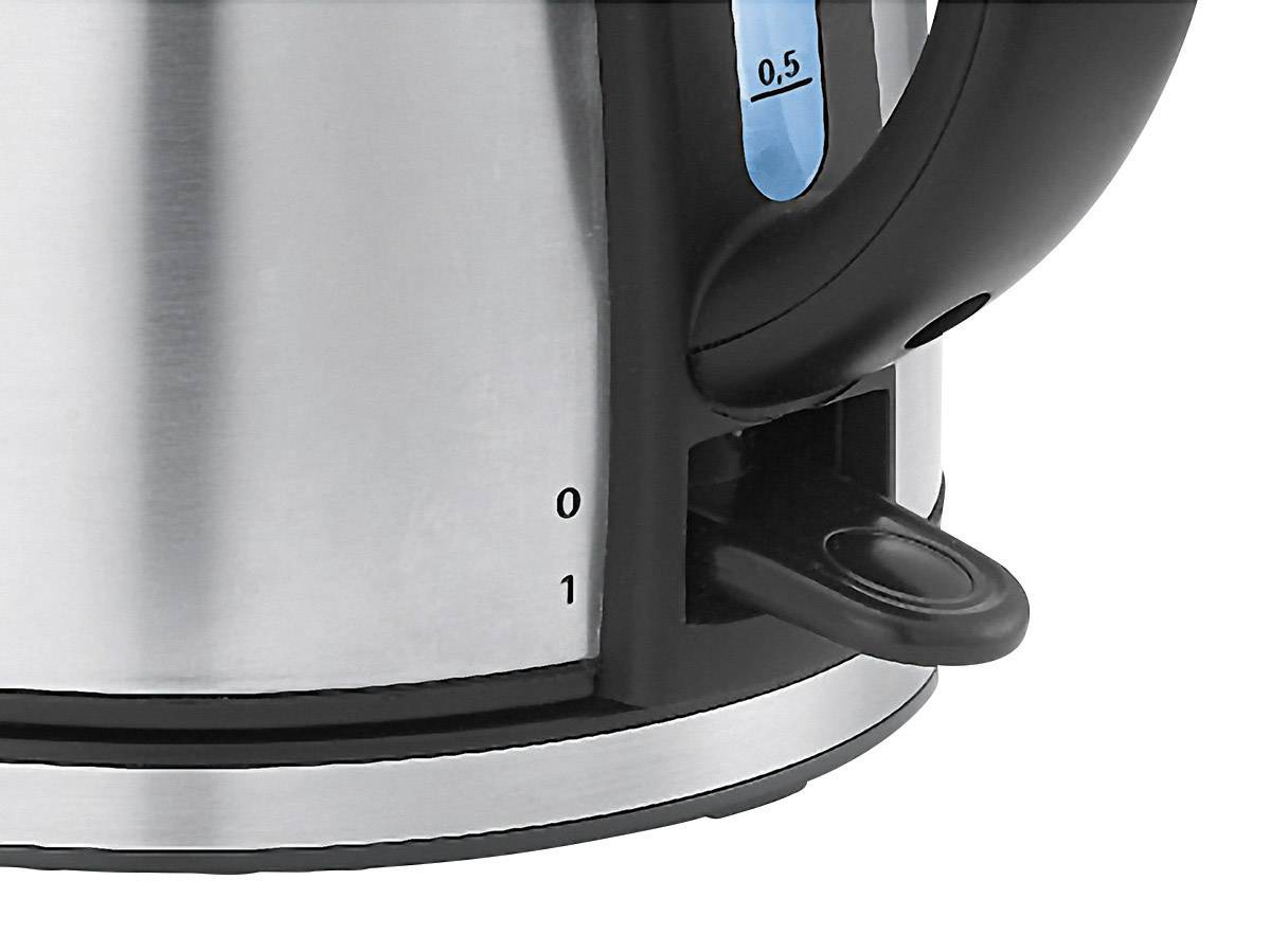 A stainless steel electric kettle with a black handle. Displays a water level indicator with 0.5 to 1.0 litre markings.