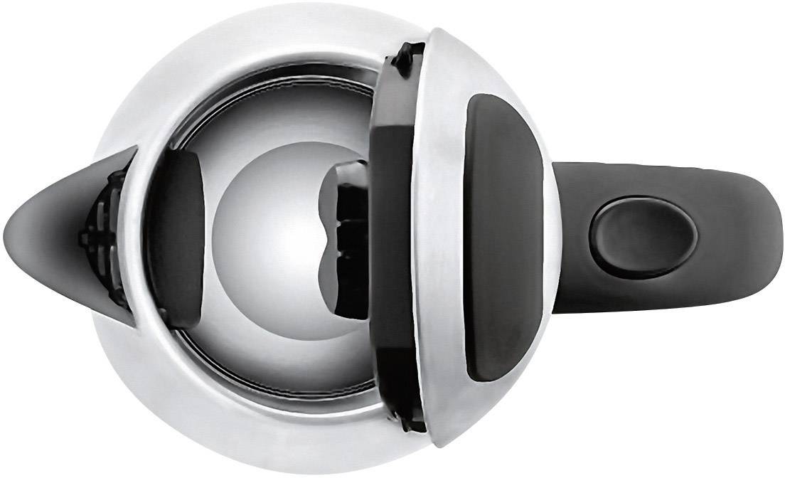 Electric tin opener with black handle, opened and viewed from above.