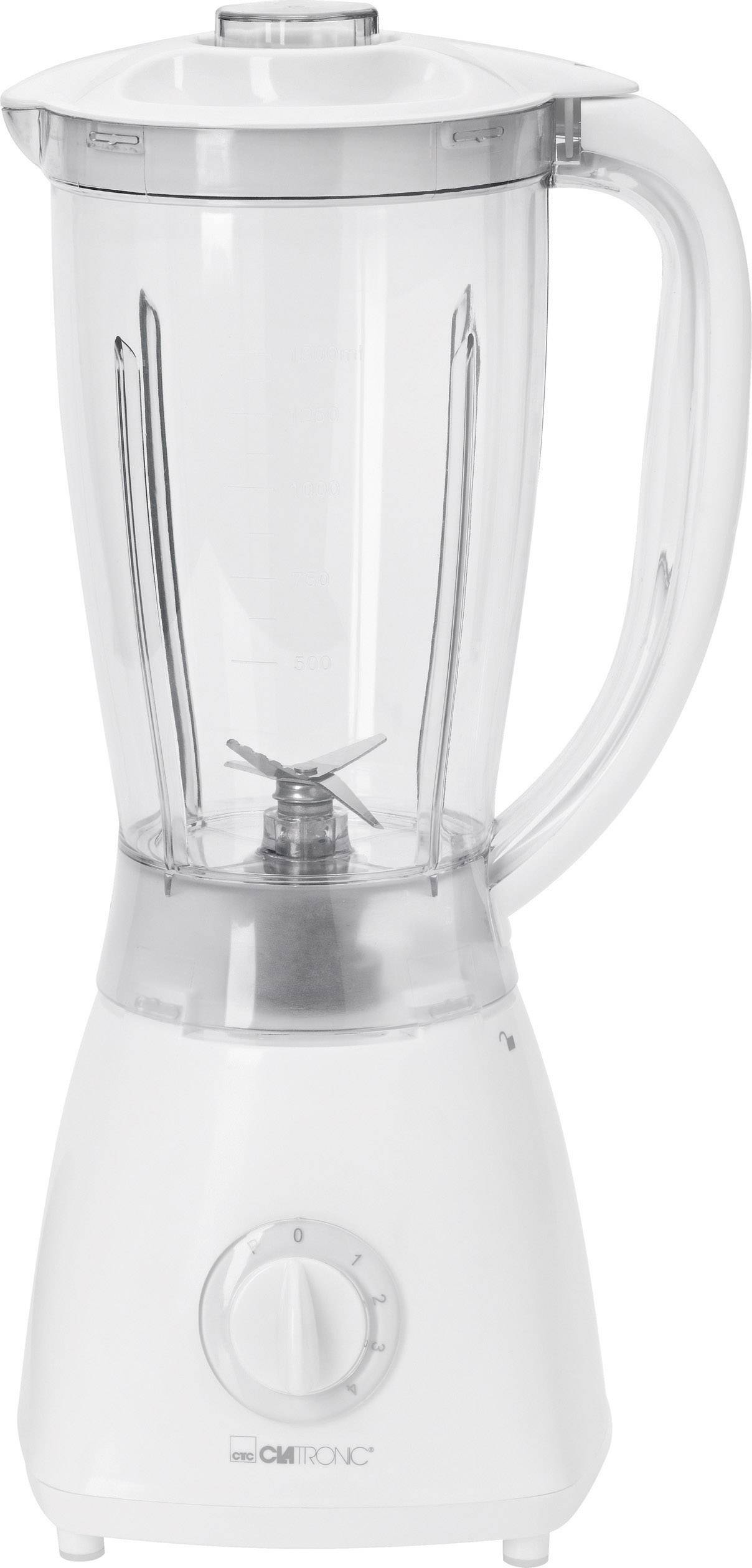 A white countertop blender with a transparent blending jug and metal blades. It has a rotary dial for adjusting the speed.