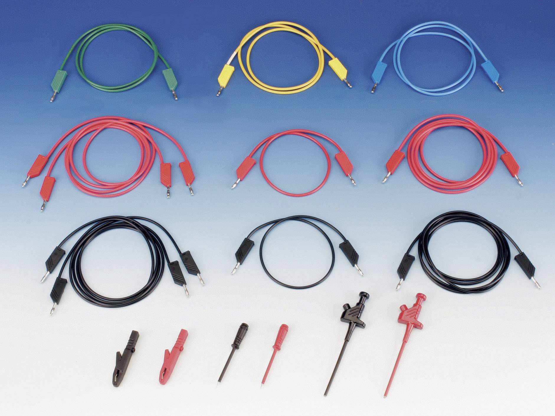 Multicoloured crocodile clips and cables in Red, Yellow, Blue, Green and Black. Suitable for electronic testing and connections.