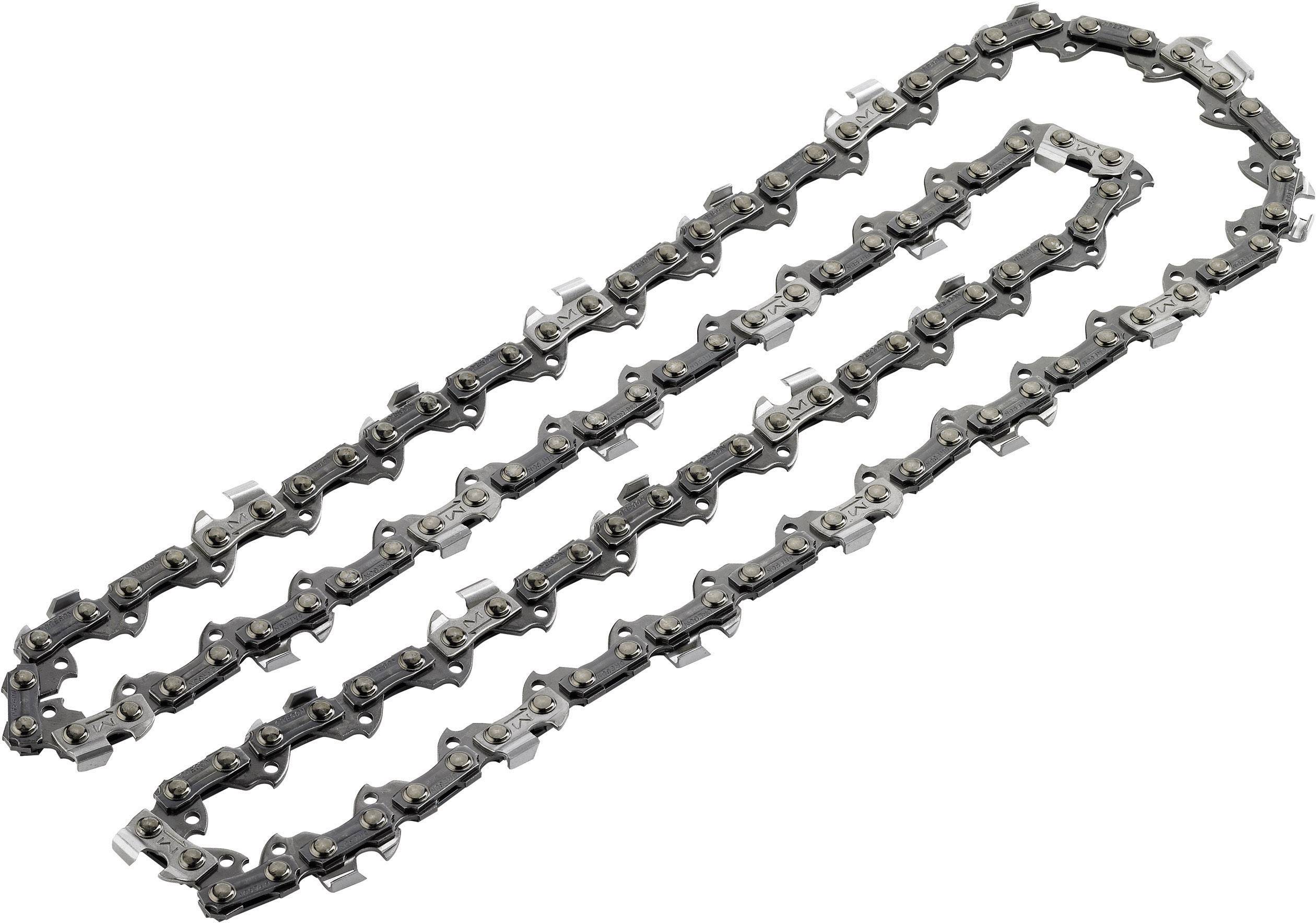 A metal chainsaw chain is looped on a white surface. Suitable for chainsaws used in forestry and gardening work.