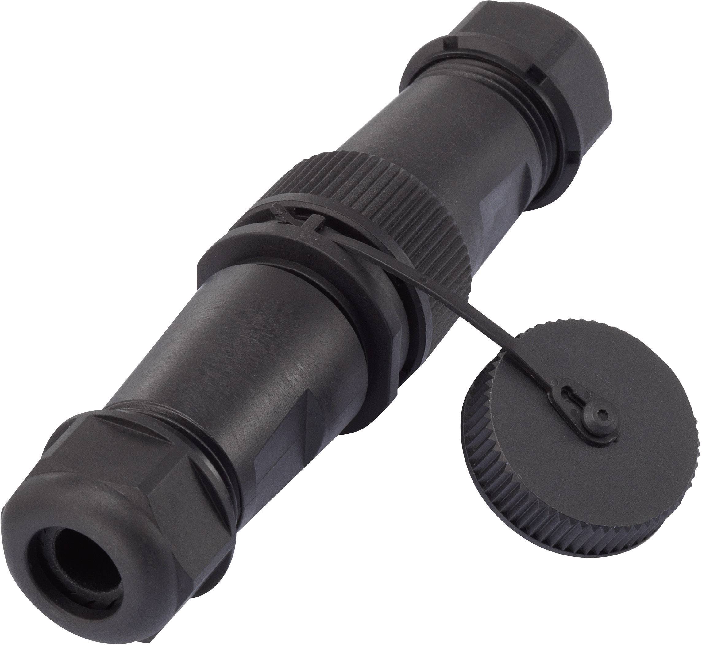 A black, cylindrical cable connector with a removable protective cap, suitable for sealing and connecting electrical cables in outdoor environments.